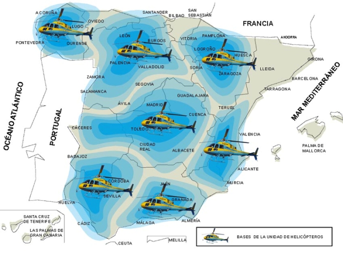 Mapa del ámbito territorial de actuación de las patrullas de helicópteros de la Dirección General de Tráfico de España. (DGT).