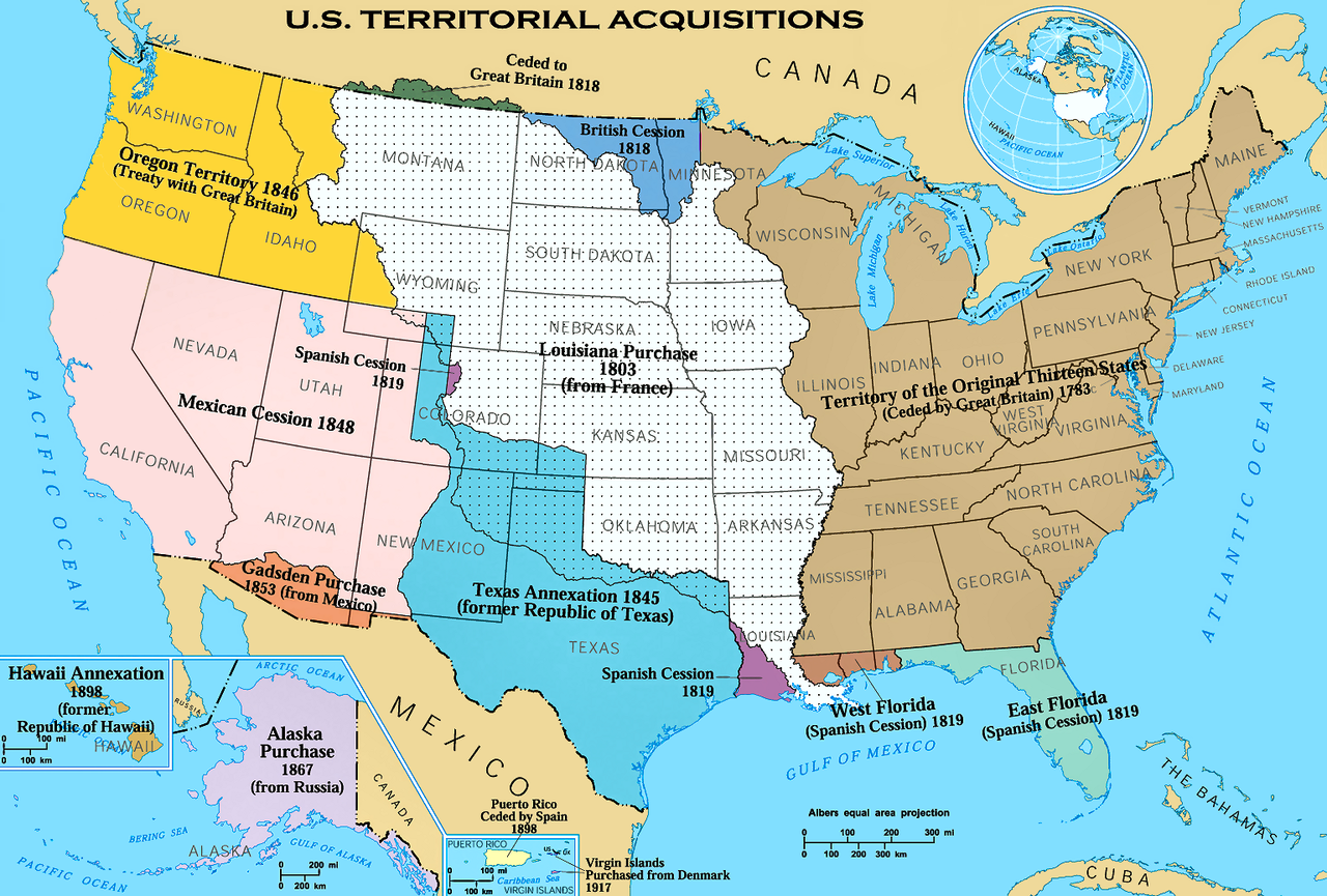 Mapa de los Territorios adquiridos por EEUU, entre ellos la compra de la Louisiana.  Fuente: Gobierno Federal de los EEUU.