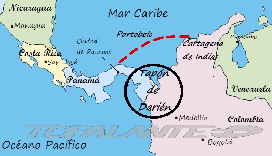 Travesía marítima Portobelo (Panamá) - Cartagena de Indias (Colombia):  unas 250 millas náuticas o 464 kms, aprox.