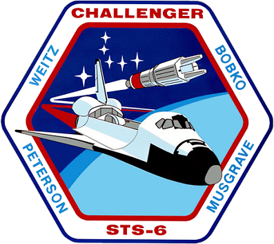 MISION: STS-6> ( Tracking and Data Relay Satellite-1 (TDRS-1)/First Shuttle Space Walk)> FECHA DE LANZAMIENTO: 4 de abril de 1986> ATERRIZAJE: Base Aérea de Edwards, CA> TRIPULANTES:  Paul J. Weitz, Karol J. Bobko,  Donald H. Peterson, F. Story Musgrave. MILLAS RECORRIDAS: 2.100.000.     Primera misión del transbordador espacial Challenguer y primera caminata espacial del programa del transbordador realizada por los astronautas Peterson y Musgrave, que duró alrededor de 4 horas y 17 minutos.   The primary payload was the first Tracking and Data Relay Satellite-1(TDRS-1). A malfunction of the Inertial Upper Stage booster resulted in placement of the spacecraft into an improper but stable orbit. Additional propellant aboard the satellite was used over next several months to gradually place TDRS-1 into its properly circularized orbit. The first space walk of the Shuttle program performed by Astronauts Peterson and Musgrave, lasted about 4 hours and 17 minutes. Other payloads on this flight were: Continuous Flow Electrophoresis System (CFES), Monodisperse Latex Reactor (MLR), Radiation Monitoring Experiment (RME). Night/Day Optical Survey of Lightning (NOSL), and three Get Away Special canisters. This Mission used the first lightweight external tank and lightweight rocket booster casings.
