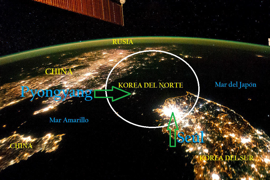 Vista nocturna  de la península de Korea desde el espacio el 30/1/2014.  Foto: NASA