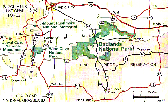 Mapa del Badlands National Park, South Dakota, USA.